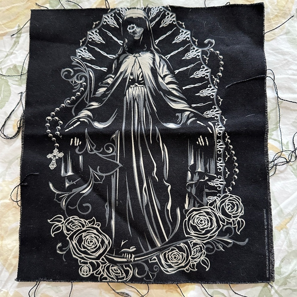 Milagros Skeleton Mother Mary Rosary Roses Jacket Pin Back Patch Canvas